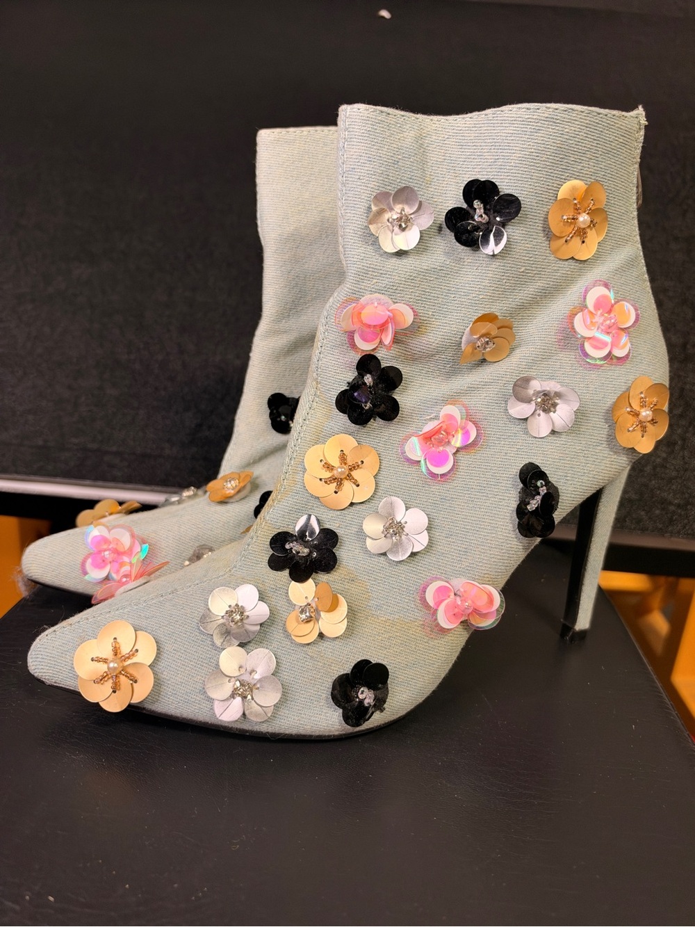 Cape Robbin Gigi-13 Floral Sequin Denim Stiletto Ankle Boots Size 8.5